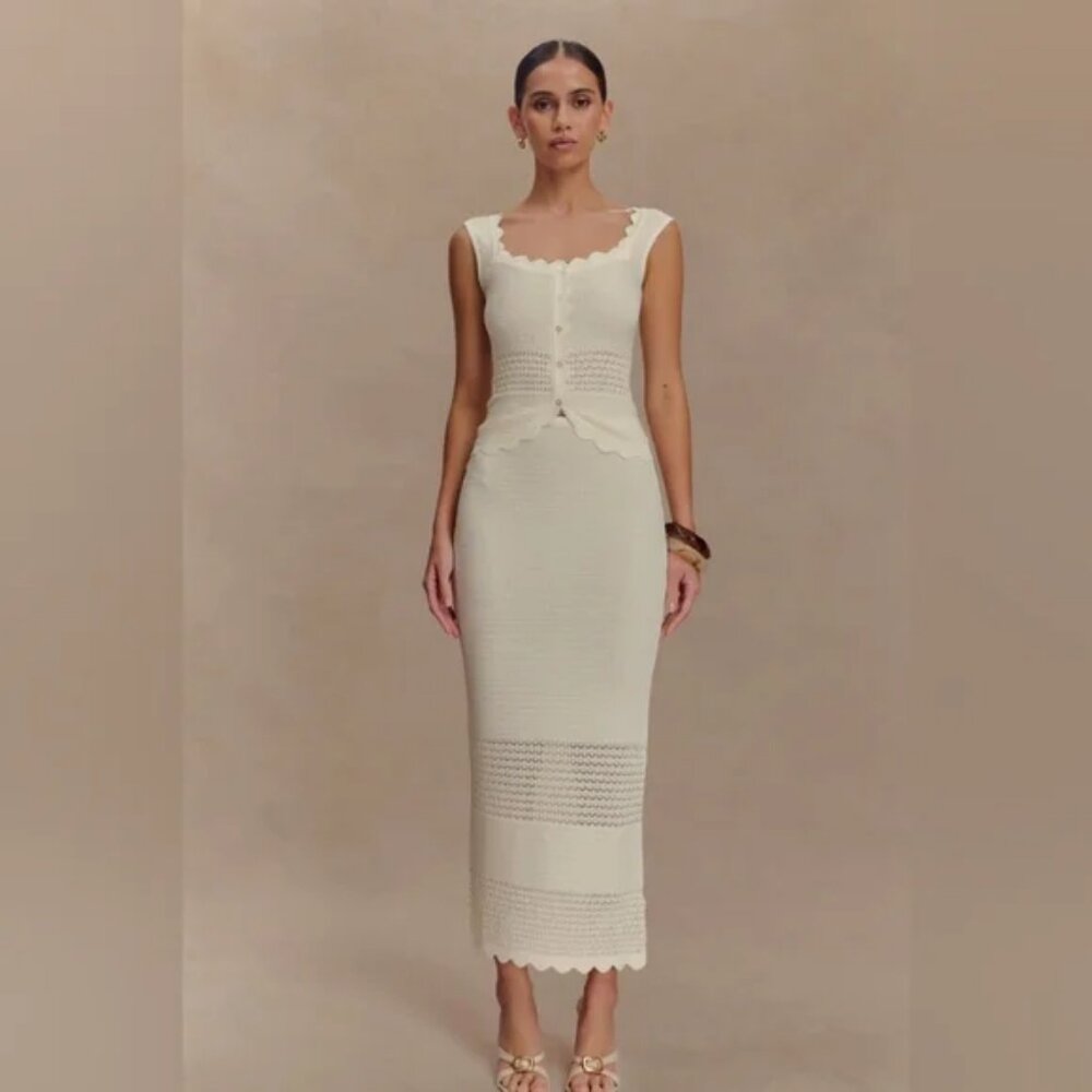 Madeline Scallop Knit Midi Skirt Set - Ivory